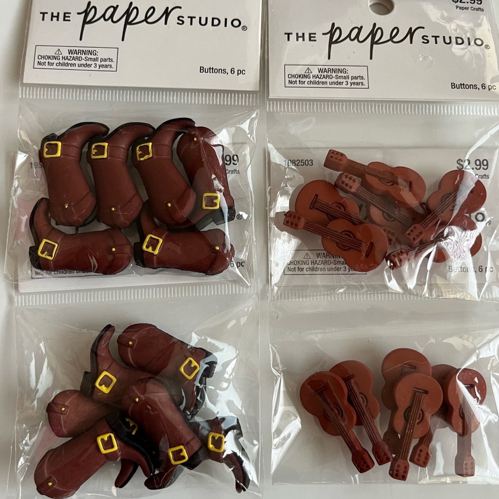 The Paper Studio Lot of 4 Shank Style Brown Guitar and Cowboy Boots Buttons